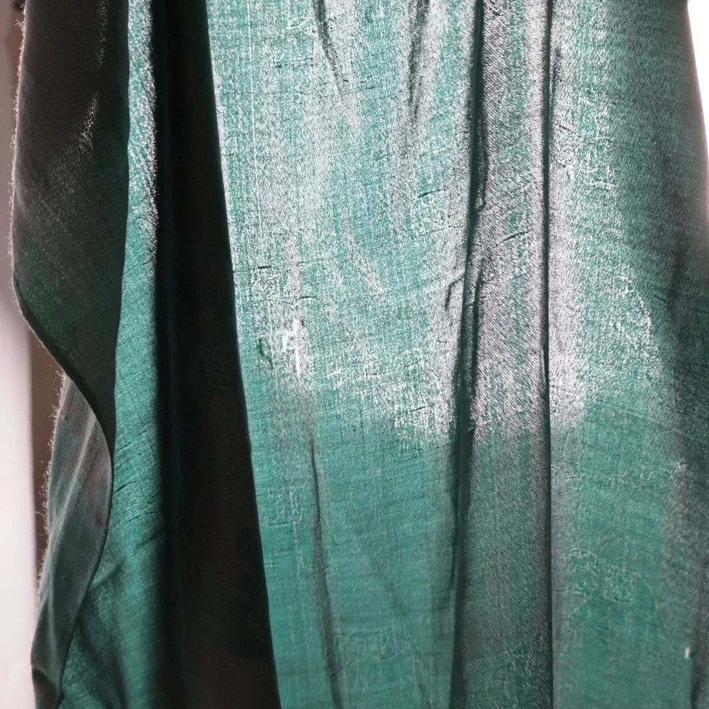 100% Silk Elephant Print Scarf Teal Green Fringed‎ Long Wrap Shawl 70x27